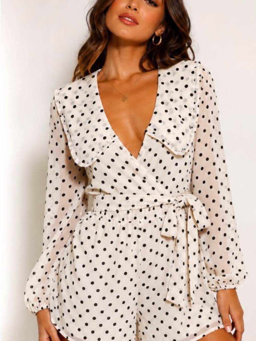 Camila Coelho Cream and Black Polka Dot Long Sleeve Wrap Romper